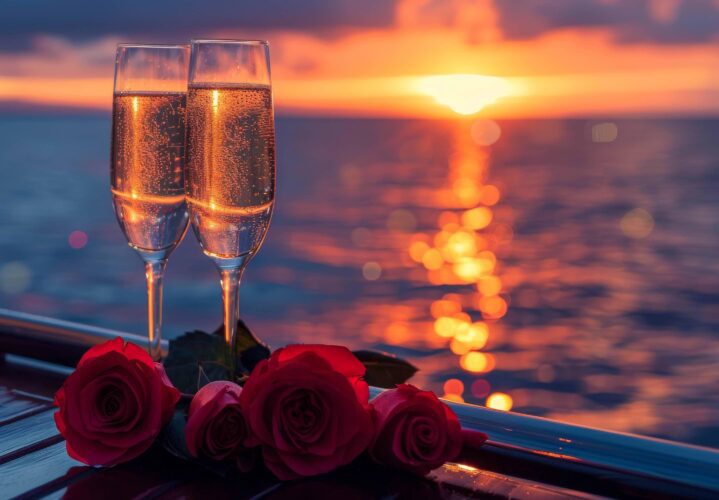 Virgin Voyages champagne and flowers