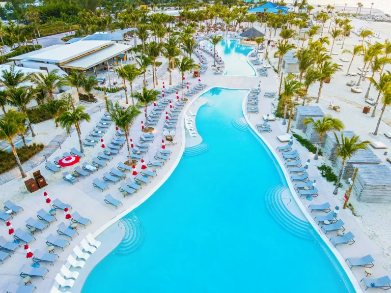Aerial view of the Virgin Voyages Beach Club at Bimini in the Bahamas, included on most Miami Caribbean sailings