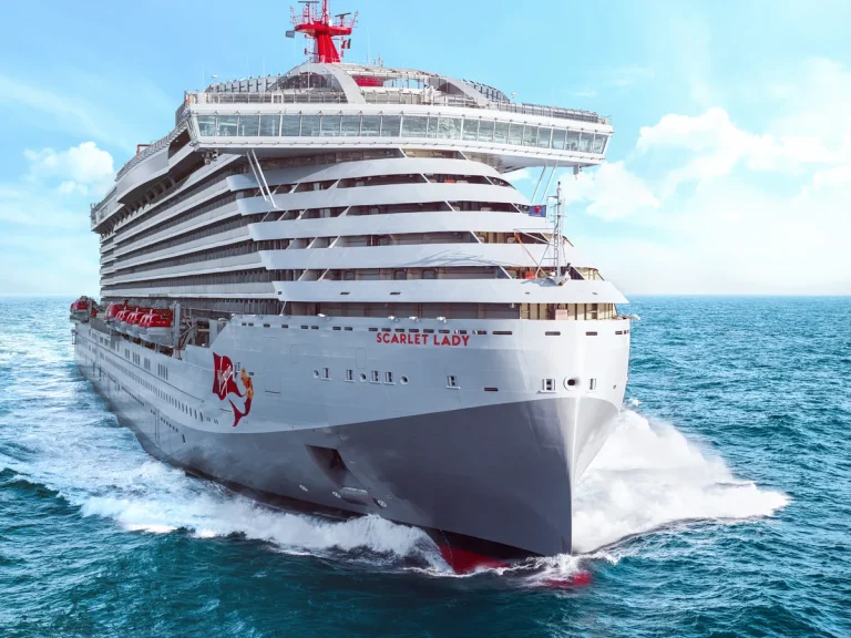 Virgin Voyages Scarlet Lady cruise ship exterior at sea, the kind of sailing you can earn Virgin Points toward with the Virgin Red Rewards Mastercard